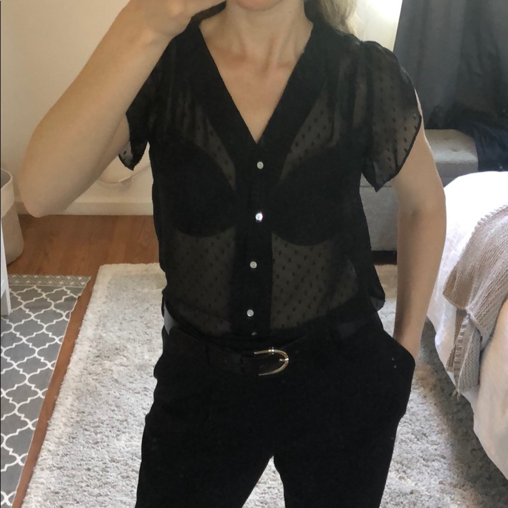 Sheer Black Swiss Dot Blouse With Pearl Buttons